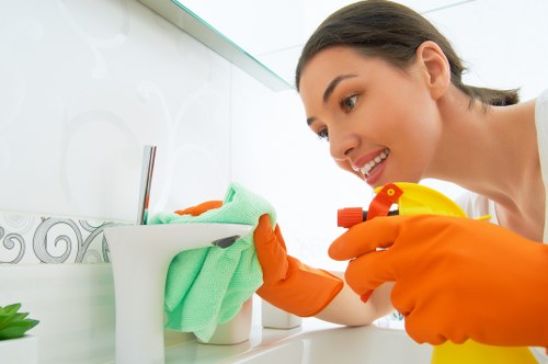 Safe carpet cleaning area with warning signs and organized equipment
