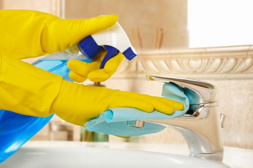 Carpet cleaner checking tools and floor safety before starting work